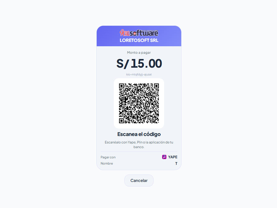 Pantalla de pago del tótem con el QR de Yape, el monto y el nombre del local