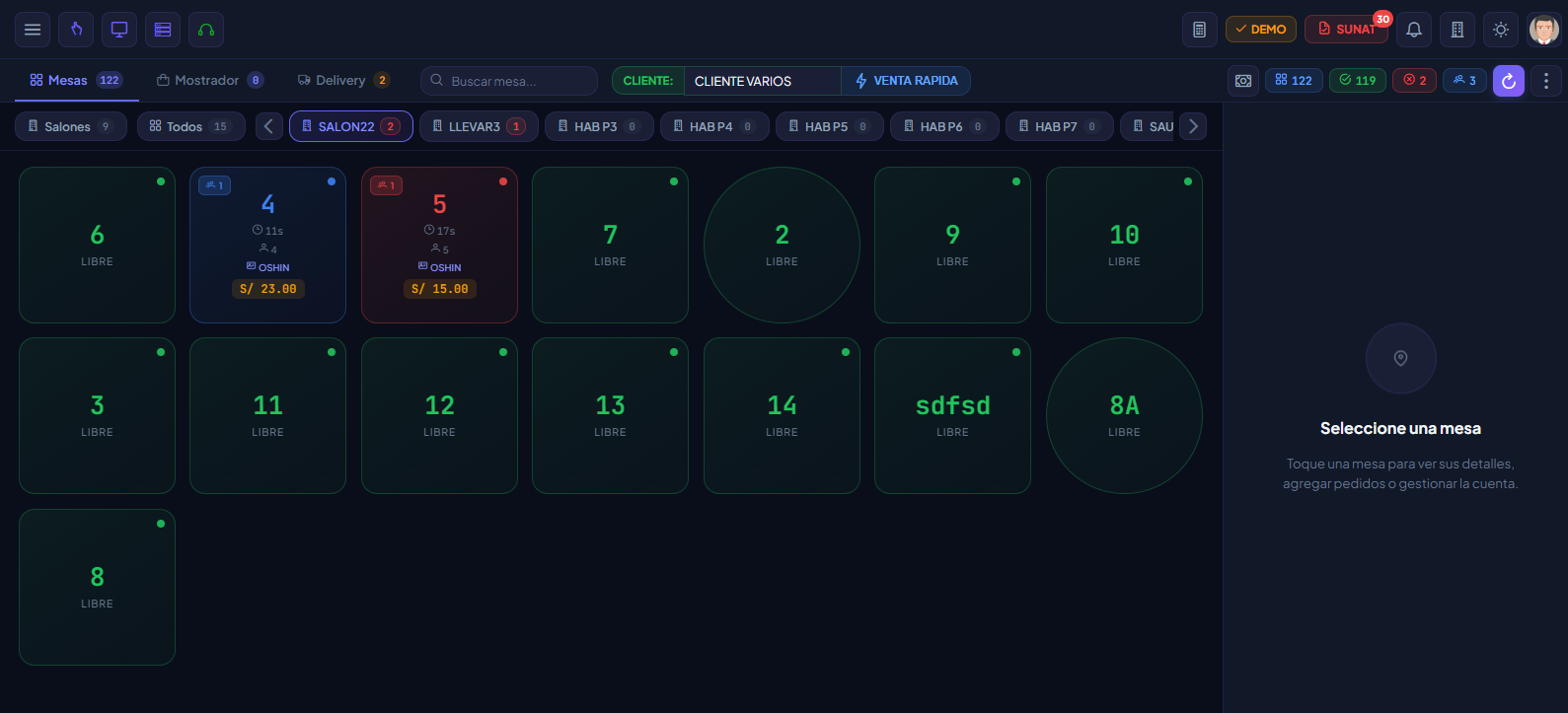 Dashboard de gestión de mesas PuntoRest con tema oscuro mostrando salones y estado en tiempo real