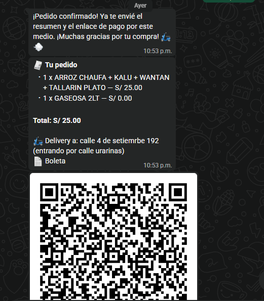 Conversación de WhatsApp con el resumen del pedido y el QR de pago